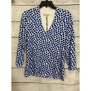 NWT Hobbs London V-Neck Blue & White Geometric Pattern Top Size L